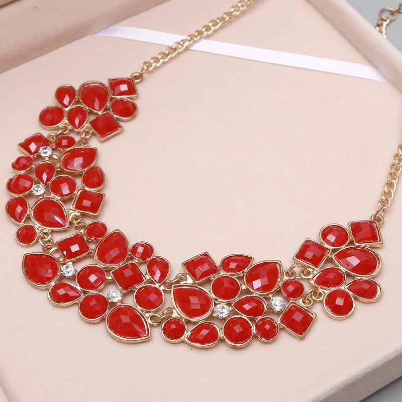 Nwt - Adjustable Red Bib Necklace With Crystals